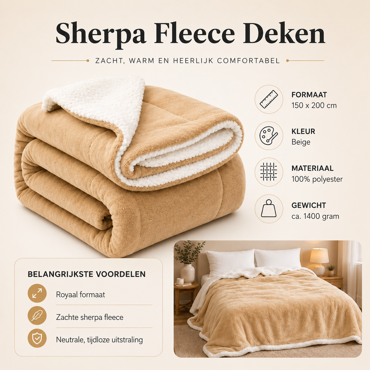 Sherpa Fleece Plaid — 150x200 cm | Beige