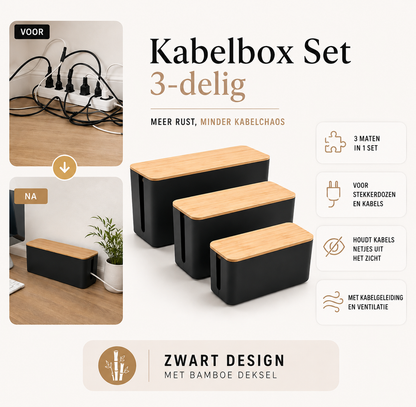Kabelbox 3-Delig — Mat Zwart | Kunststof met Bamboe Deksel