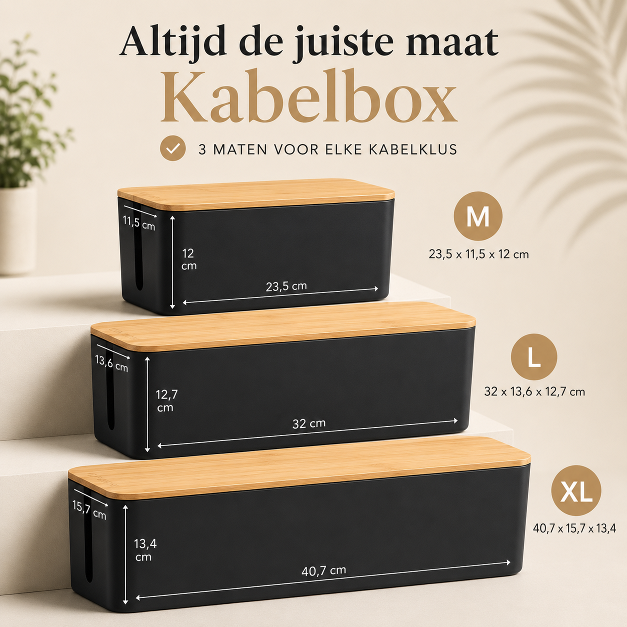 Kabelbox 3-Delig — Mat Zwart | Kunststof met Bamboe Deksel