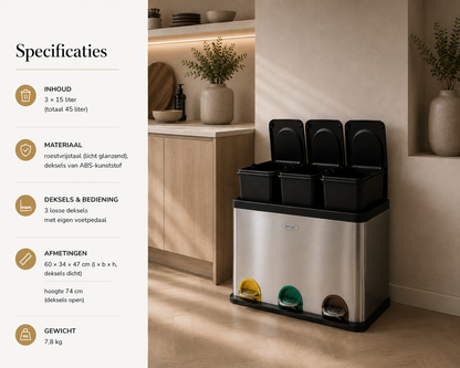Pedaalemmer Afvalscheiding — 3x15L RVS