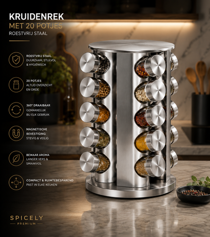 Kruidenrek "Spice Tower" — Draaibare Carrousel | 20 RVS Potjes