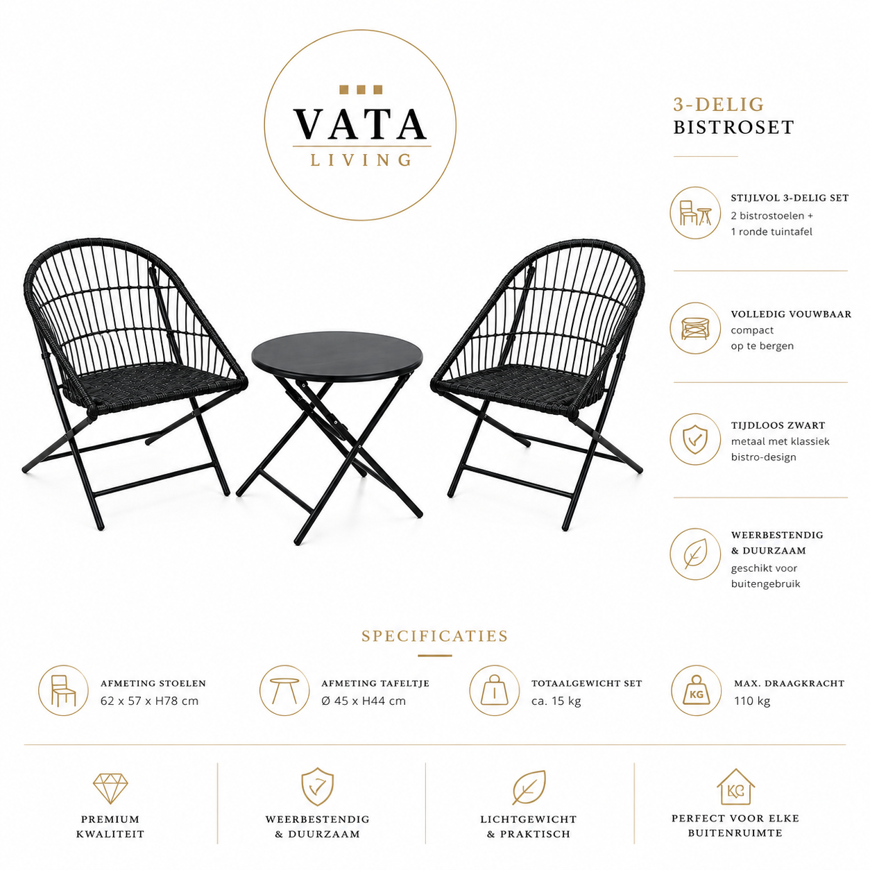 Bistroset "Terrasse Noir" — 3-Delig Vouwbaar Tuinset | Zwart Metaal | 2-Persoons