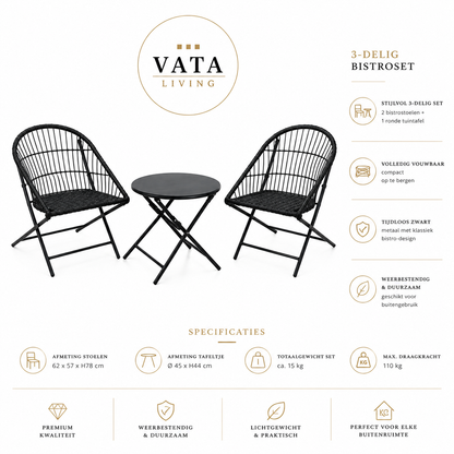 Bistroset "Terrasse Noir" — 3-Delig Vouwbaar Tuinset | Zwart Metaal | 2-Persoons