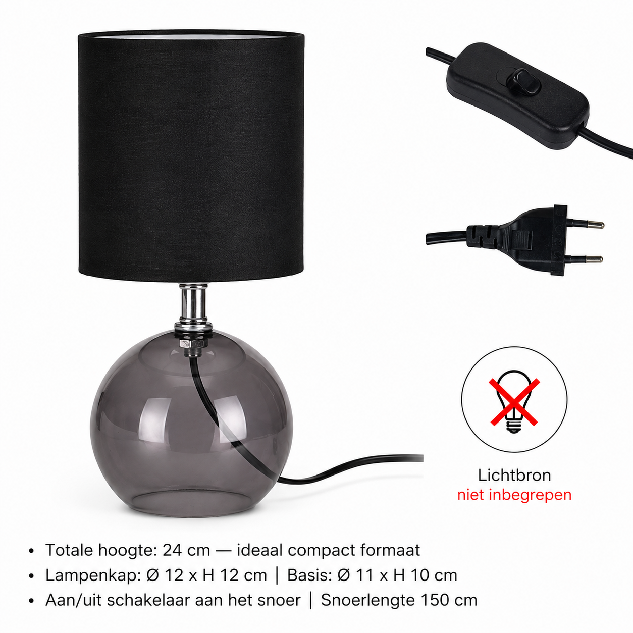 Tafellamp "Lumière Noir" — Glazen Basis | Zwart-Transparant | Ø 12 x H 24 cm