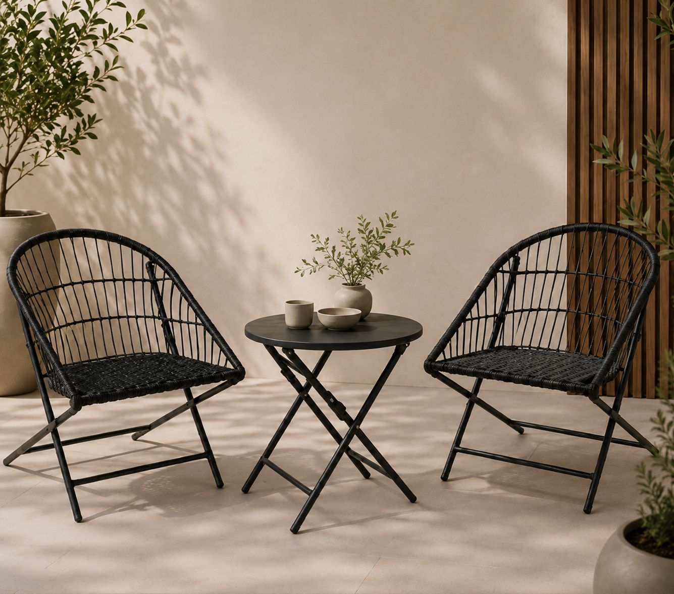 Bistroset "Terrasse Noir" — 3-Delig Vouwbaar Tuinset | Zwart Metaal | 2-Persoons
