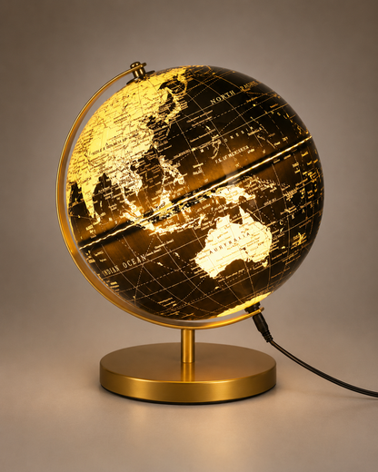 Wereldbol met LED-Verlichting 31 cm — Zwart & Goud | USB Globe Sfeerlamp