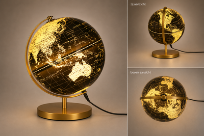 Wereldbol met LED-Verlichting 31 cm — Zwart & Goud | USB Globe Sfeerlamp