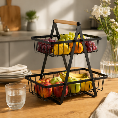 Fruitrek 2 Lagen 43 cm — Zwart Metaal & Hout | Keuken Etagère