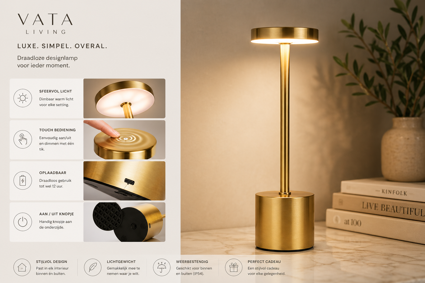 Tafellamp "Solene" — Gouden Touch | Volledig Draadloos