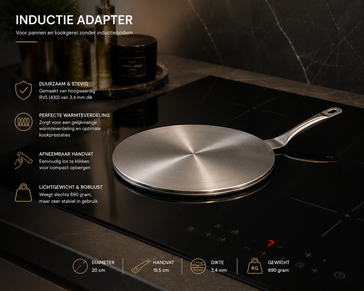 Inductie adapterplaat RVS met productinformatie op kookplaat