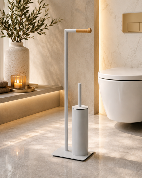 Toiletbutler vrijstaand metaal en hout in badkamer