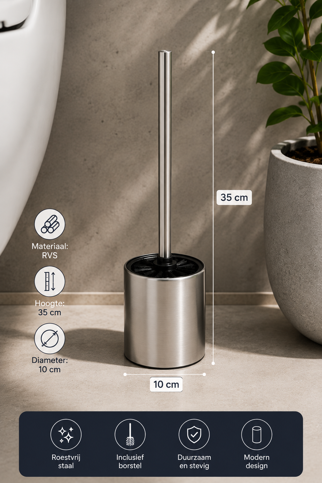 Toiletborstelhouder RVS 35 cm met afmetingen