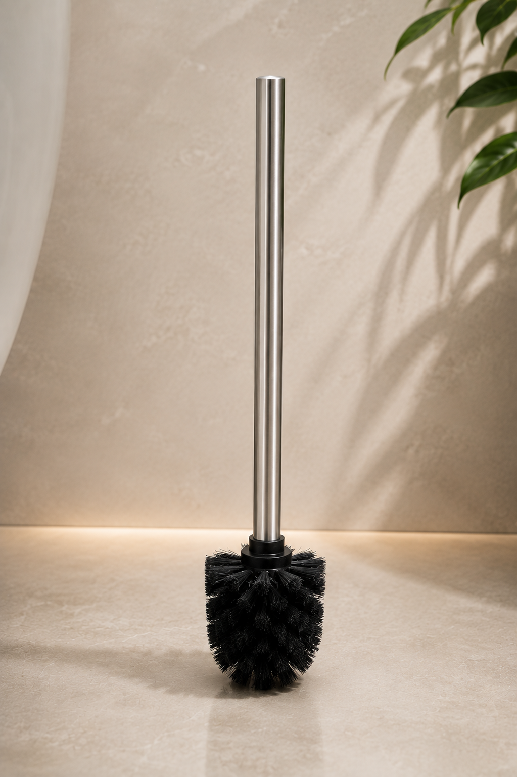 Toiletborstelhouder RVS met zwarte borstel, close-up