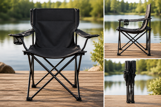 Inklapbare campingstoel metaal met mesh bekerhouder mat zwart — afbeelding 2