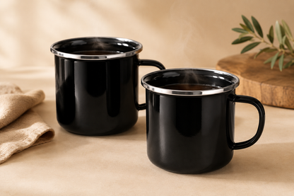 Emaille mokken set 2-delig 350 ml camping zwart — afbeelding 2