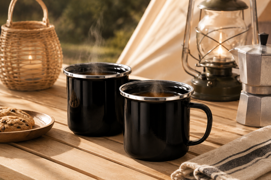 Emaille mokken set 2-delig 350 ml camping zwart
