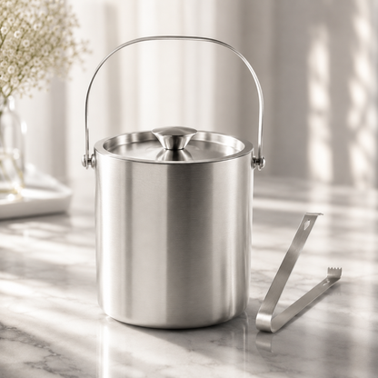 Dubbelwandige RVS ijsemmer met deksel en ijstang 3 liter zilver