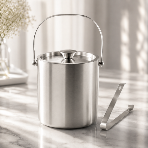 Dubbelwandige RVS ijsemmer met deksel en ijstang 3 liter zilver