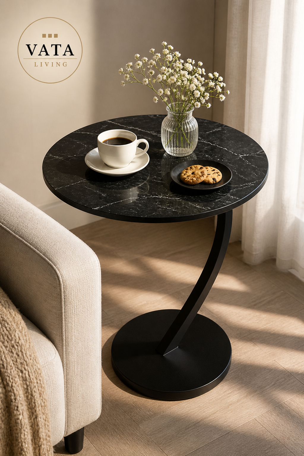 Bijzettafel "Noir" — Zwart Gemarmerd Blad | Ø 40 cm