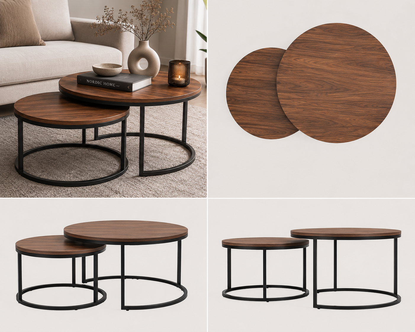 Bijzettafels Set "Montreal" — Industrieel Design | Set van 2 | Metaal & Houtlook | Ø 50 & Ø 70 cm
