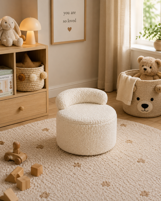 Witte teddy kinderpoef met opbergruimte in een gezellige kinderkamer