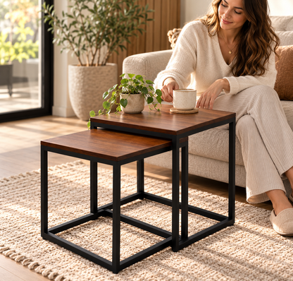 Set van 2 vierkante industriële bijzettafels met metalen frame en MDF-bladen