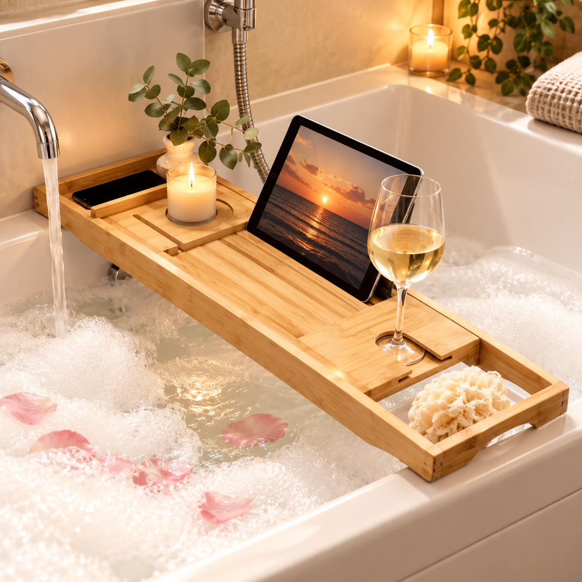 Verstelbare bamboe badplank 75–112 cm met houders voor boek, tablet, wijnglas en telefoon