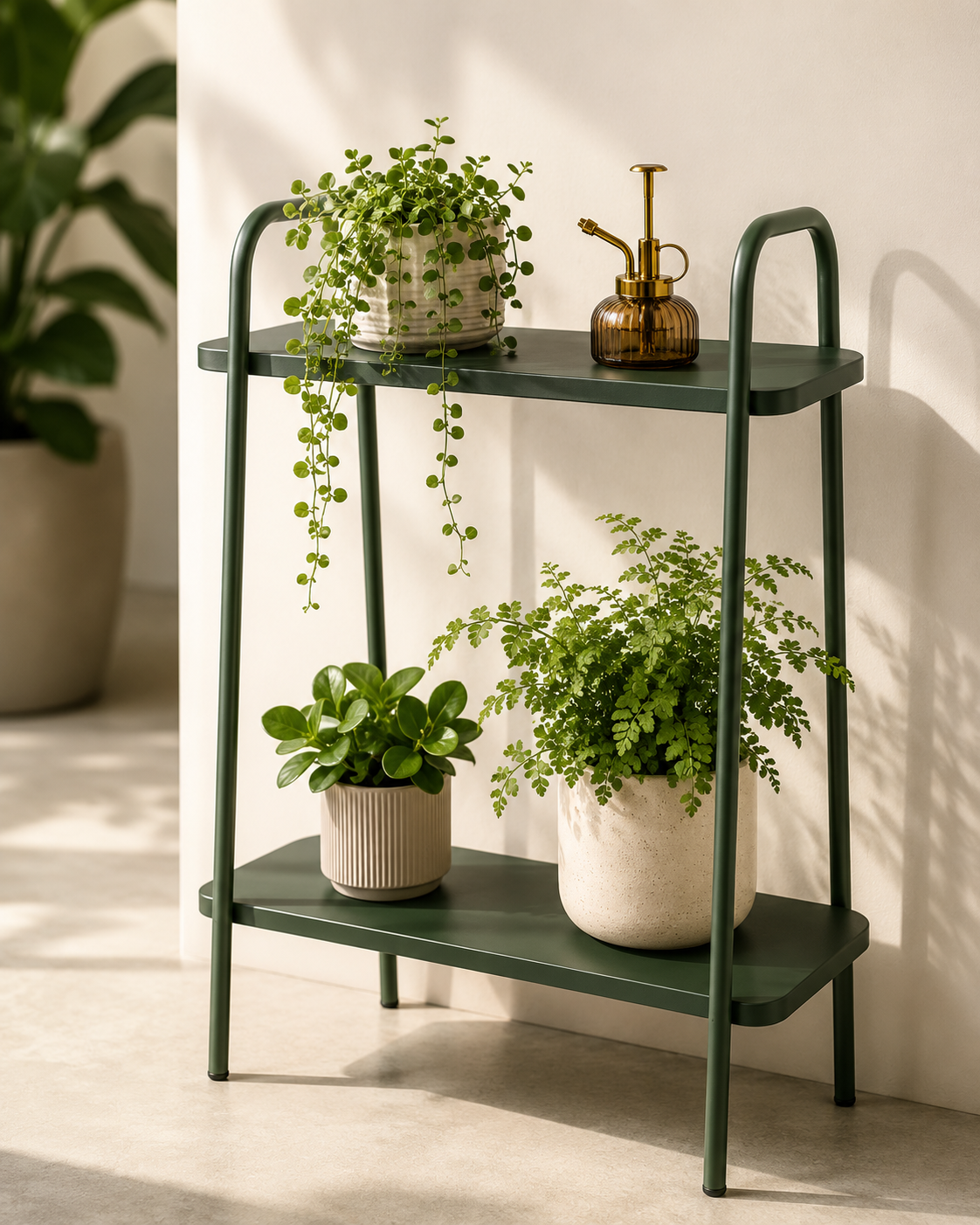 Slank plantenrek 2 etages mat groen metaal 50 x 26 x 66 cm buiten