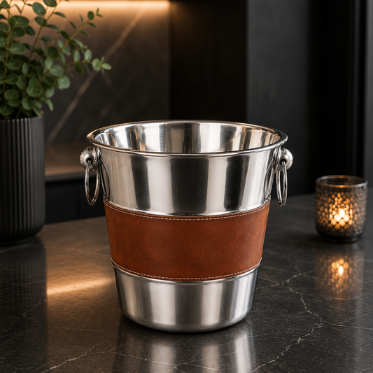 Champagnekoeler RVS met leren band Ø 21 cm