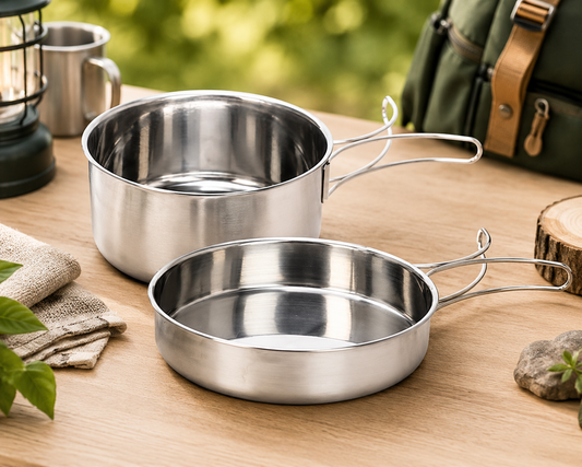 Campingpannen set 2-delig RVS met opvouwbare handvaten