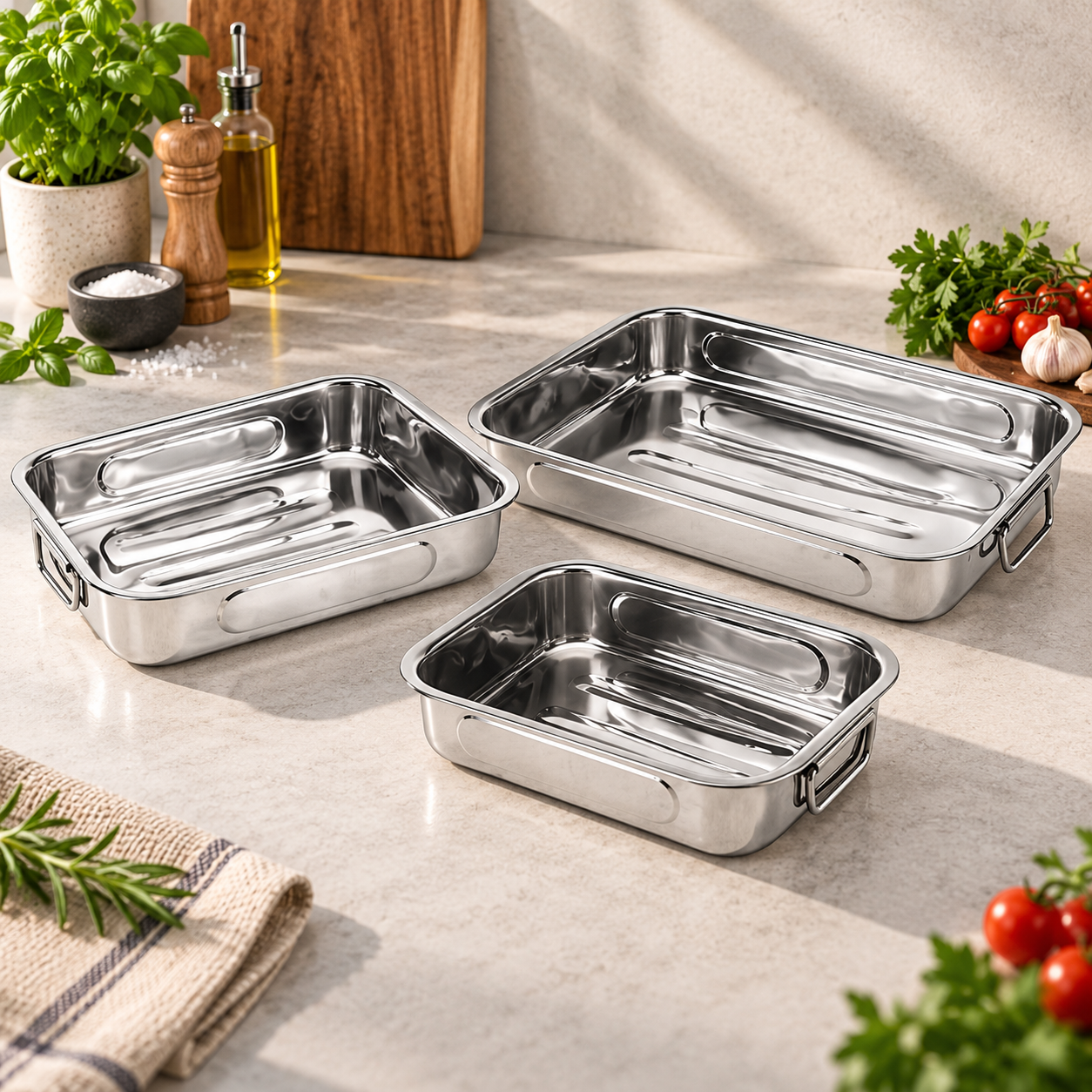 Braadslee en Ovenschalen RVS - Set van 3