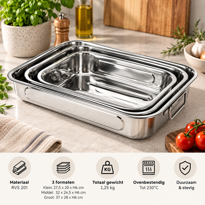 Braadslee en Ovenschalen RVS - Set van 3