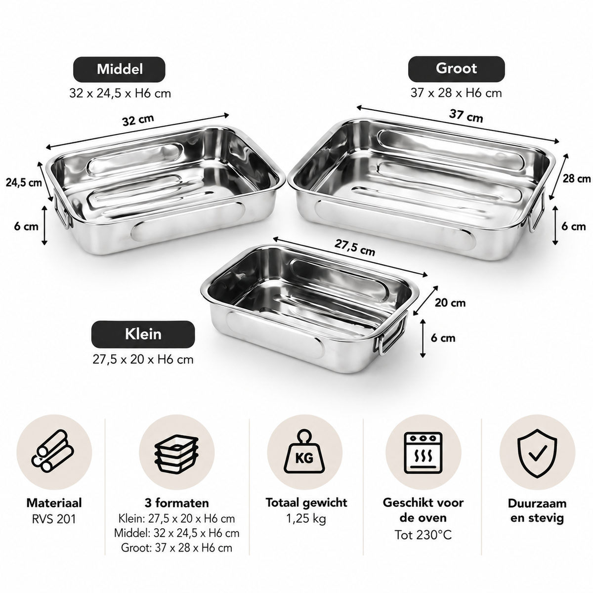 Braadslee en Ovenschalen RVS - Set van 3