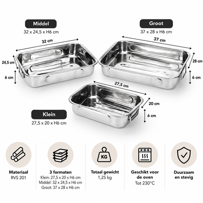 Braadslee en Ovenschalen RVS - Set van 3