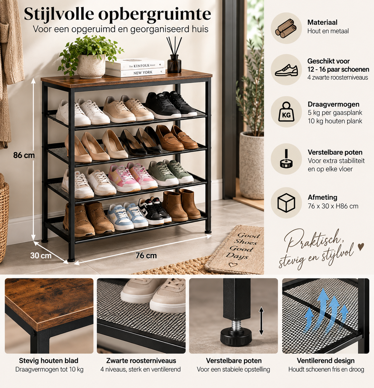 Schoenenrek - Hout en Metaal - 76x30x86 cm