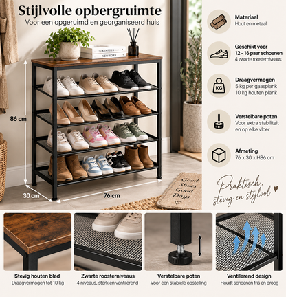 Schoenenrek - Hout en Metaal - 76x30x86 cm