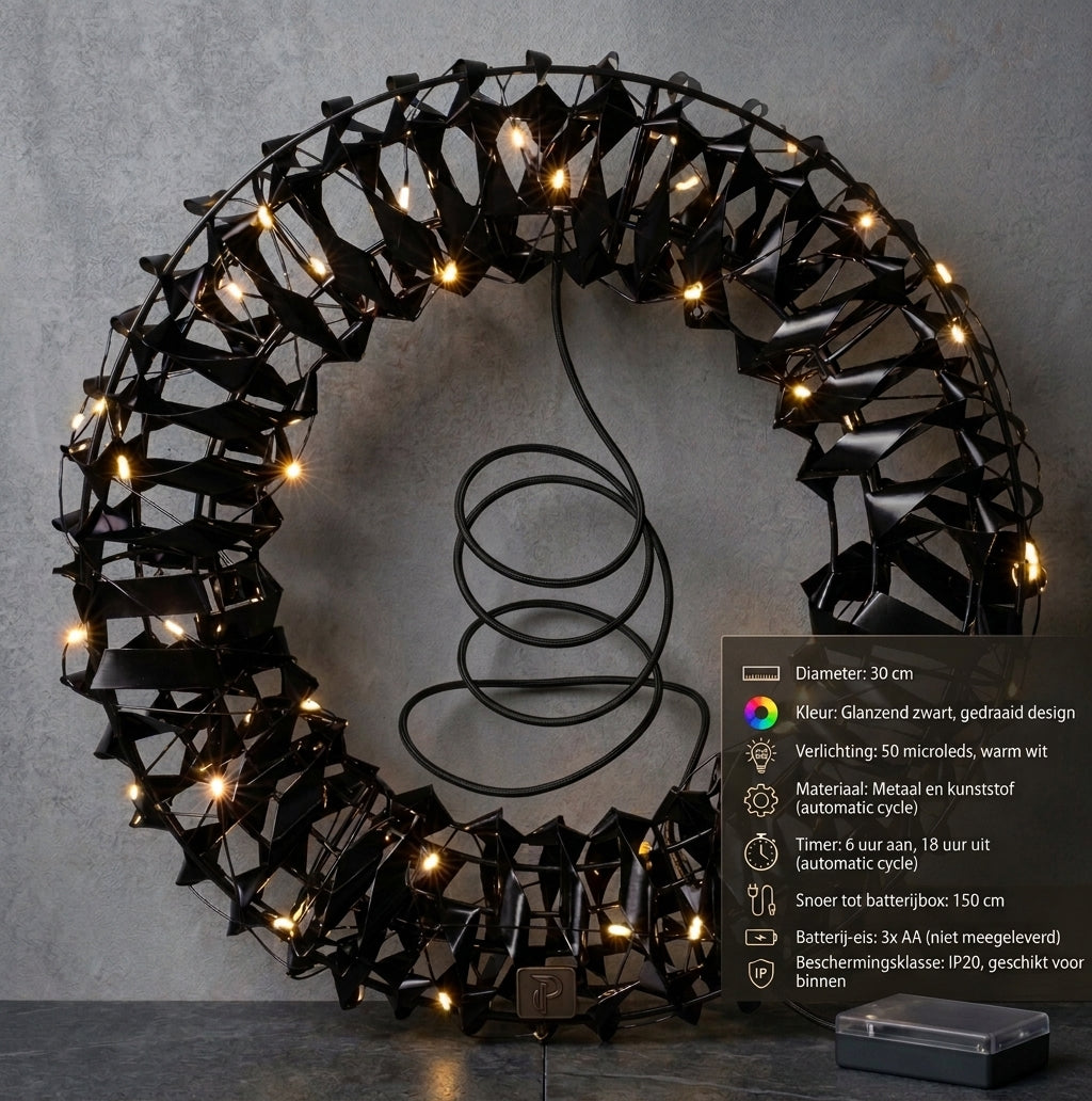 Verlichte Kerstkrans Zwart — 30 cm, 50 LED — afbeelding 2