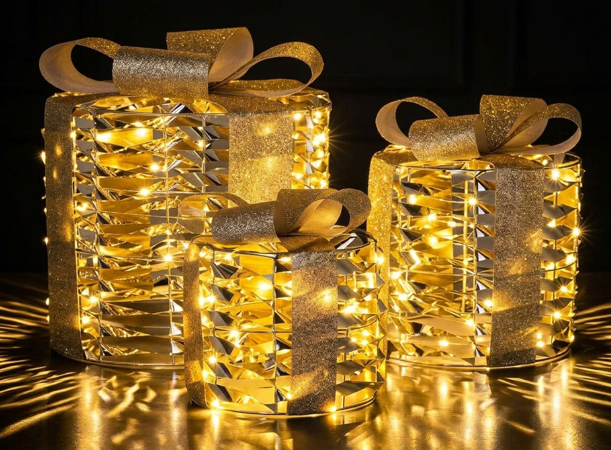 Verlichte kerstpakjes goud – set van 3