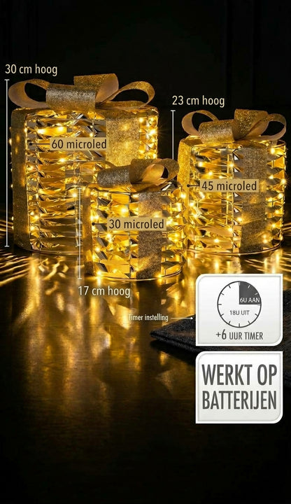 Verlichte kerstpakjes goud – set van 3