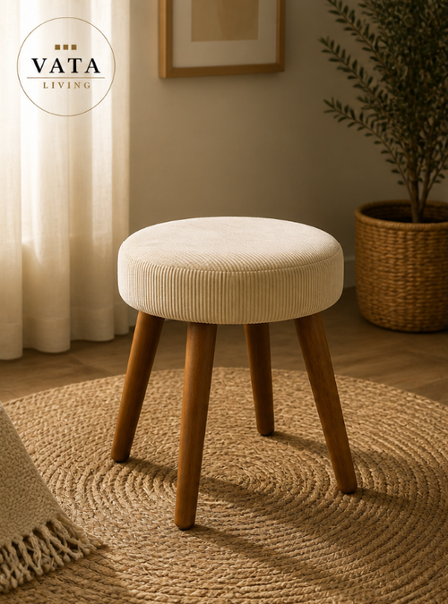 Crème bijzetkrukje corduroy bekleding massief houten poten 35 x 45 cm