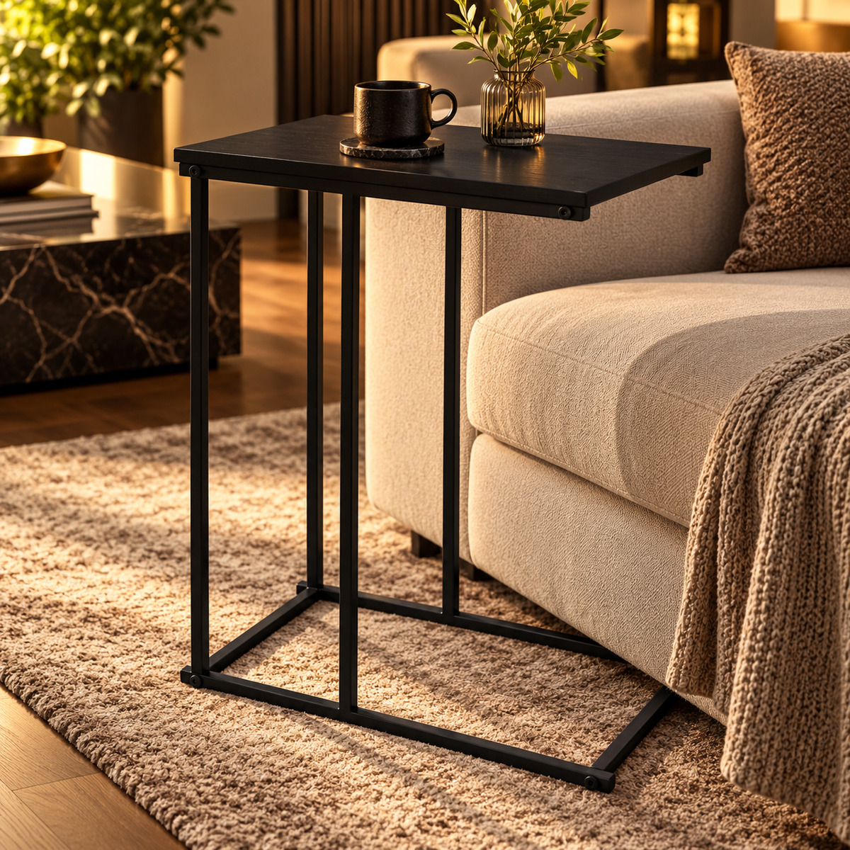 Zwarte C-vormige banktafel in luxe woonkamer