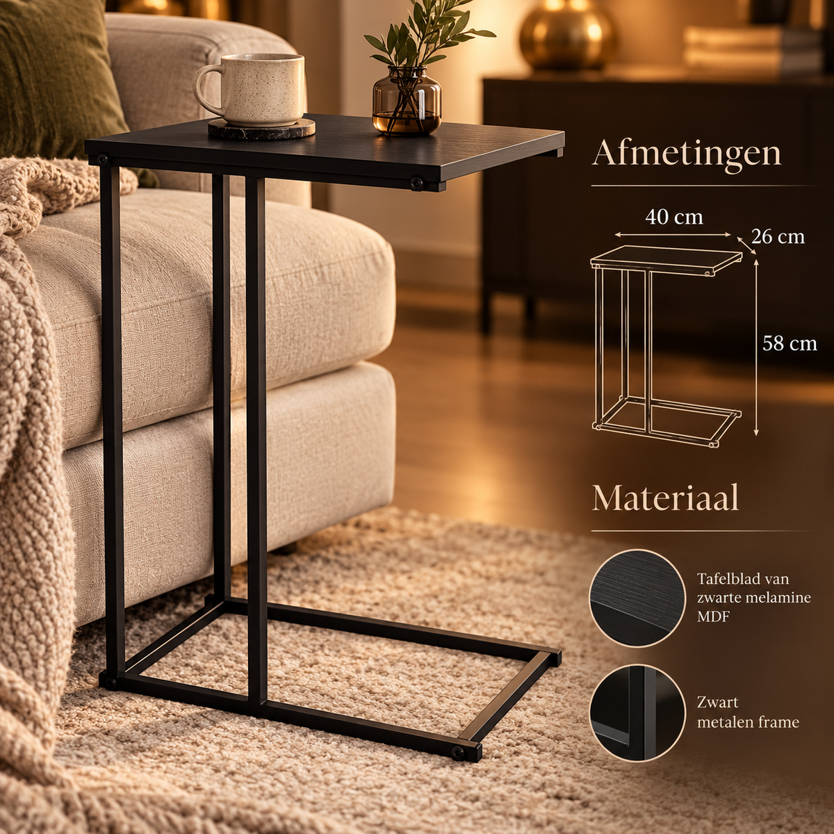 Zwarte C-vorm bijzettafel van 40 × 26 × 58 cm, zwart blad en frame