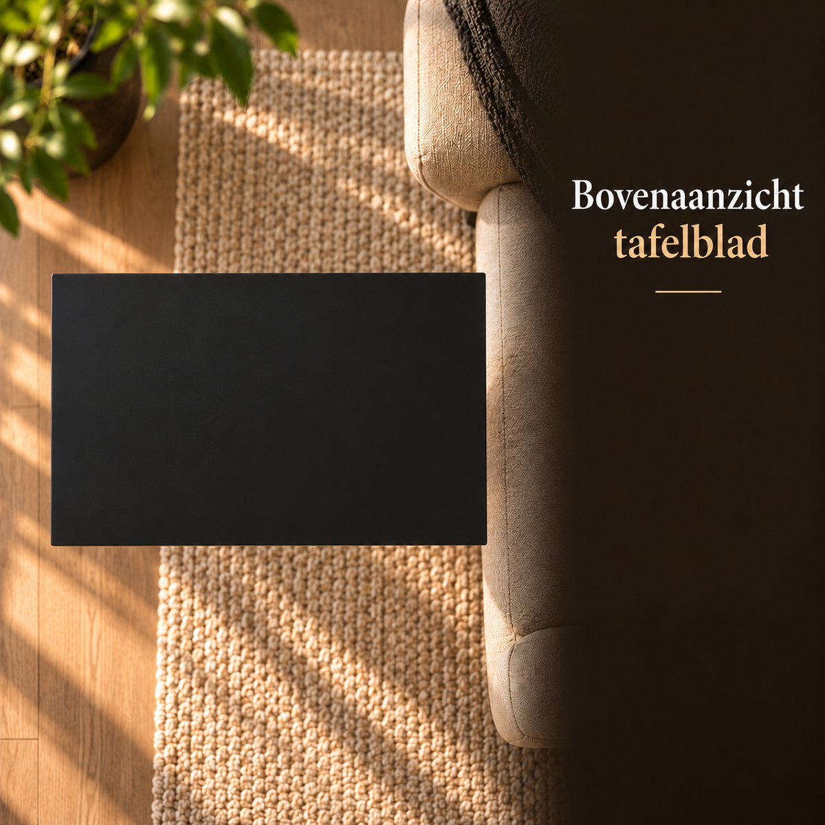Bovenaanzicht van het matte zwarte rechthoekige tafelblad