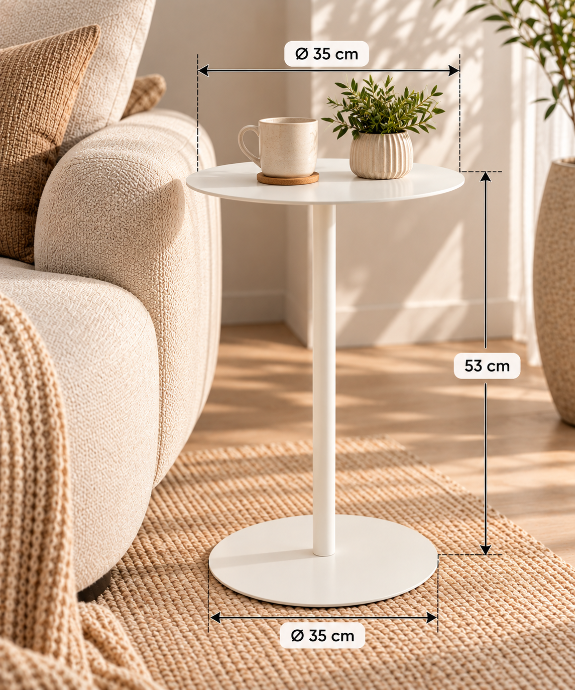 Bijzettafel rond wit metaal – maatvoering 35 x 53 cm