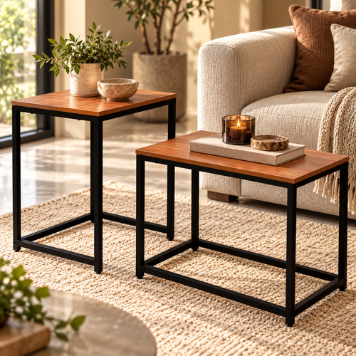 Set van twee bijzettafels met originele houtlook bladen en zwarte metalen frames