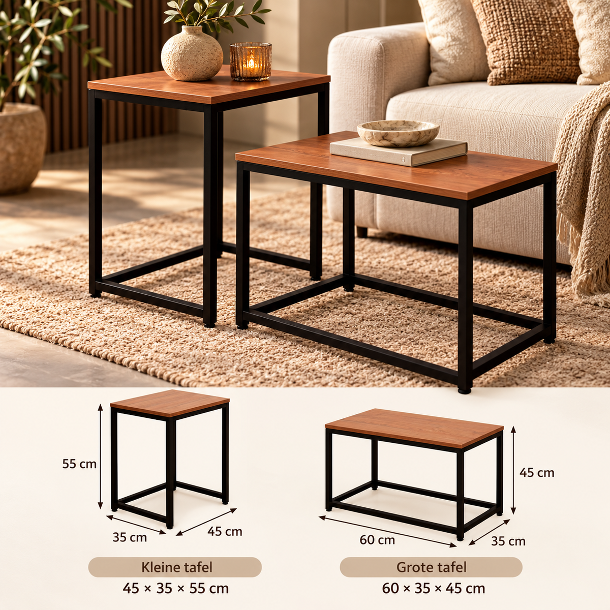 Afmetingen set: grote tafel 60 × 35 × 45 cm en kleine tafel 45 × 35 × 55 cm