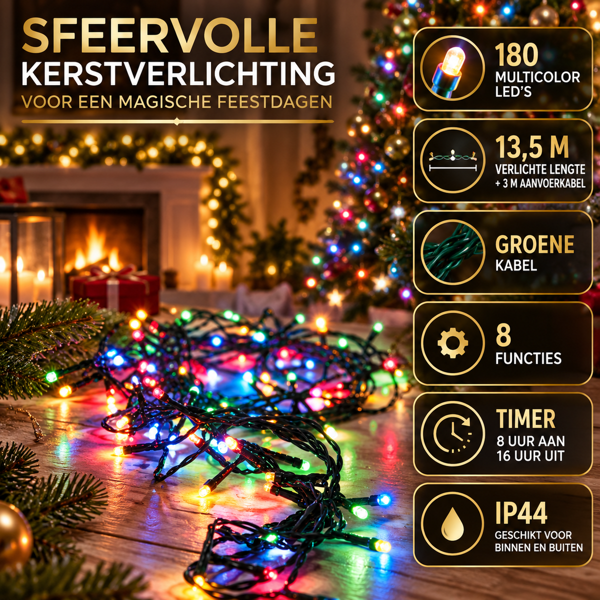 13,5 m verlichte lengte, 180 multicolor LED's, groen snoer, timer en IP44