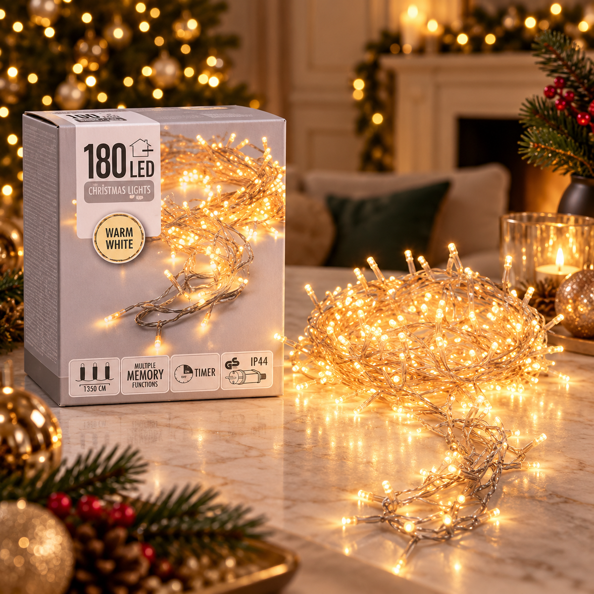 Kerstboomverlichting met 180 warmwitte LED's en transparant snoer