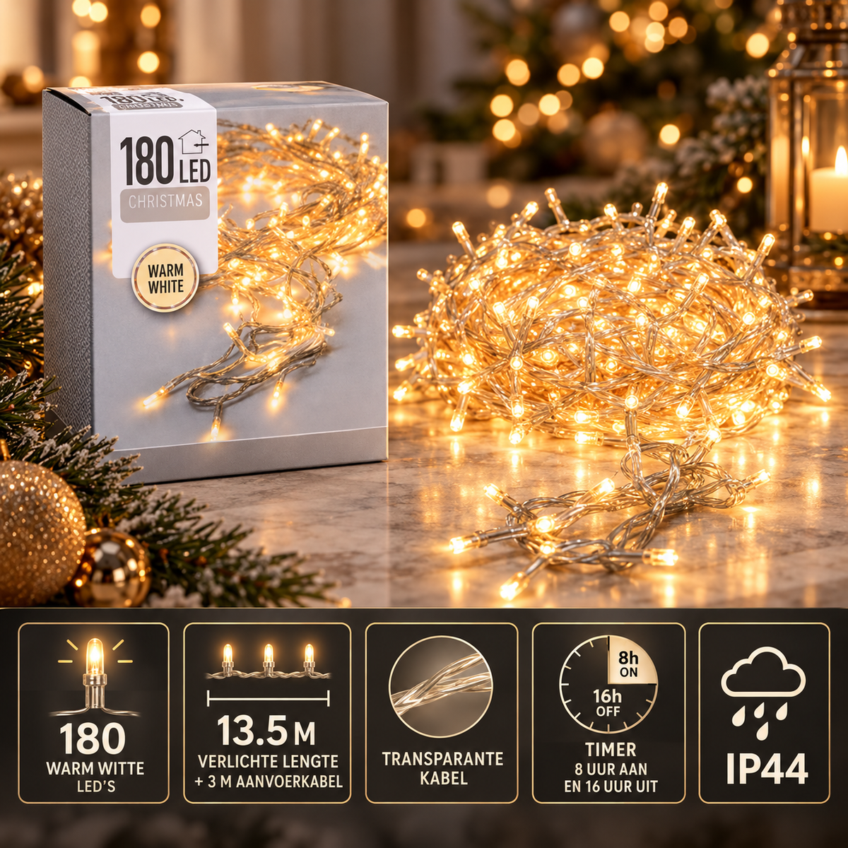 13,5 meter verlichting, 180 warmwitte LED's, 3 meter aanloopsnoer, timer en IP44
