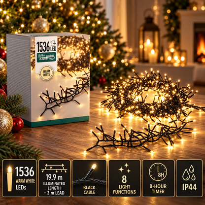 Clusterverlichting 19,9 m met 1536 warmwitte LED's, timer en IP44